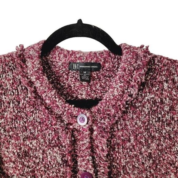 INC Sweater Women's Sz Medium Cardigan Burgundy Fringe Button Front Qtr Sleeve - Picture 2 of 9